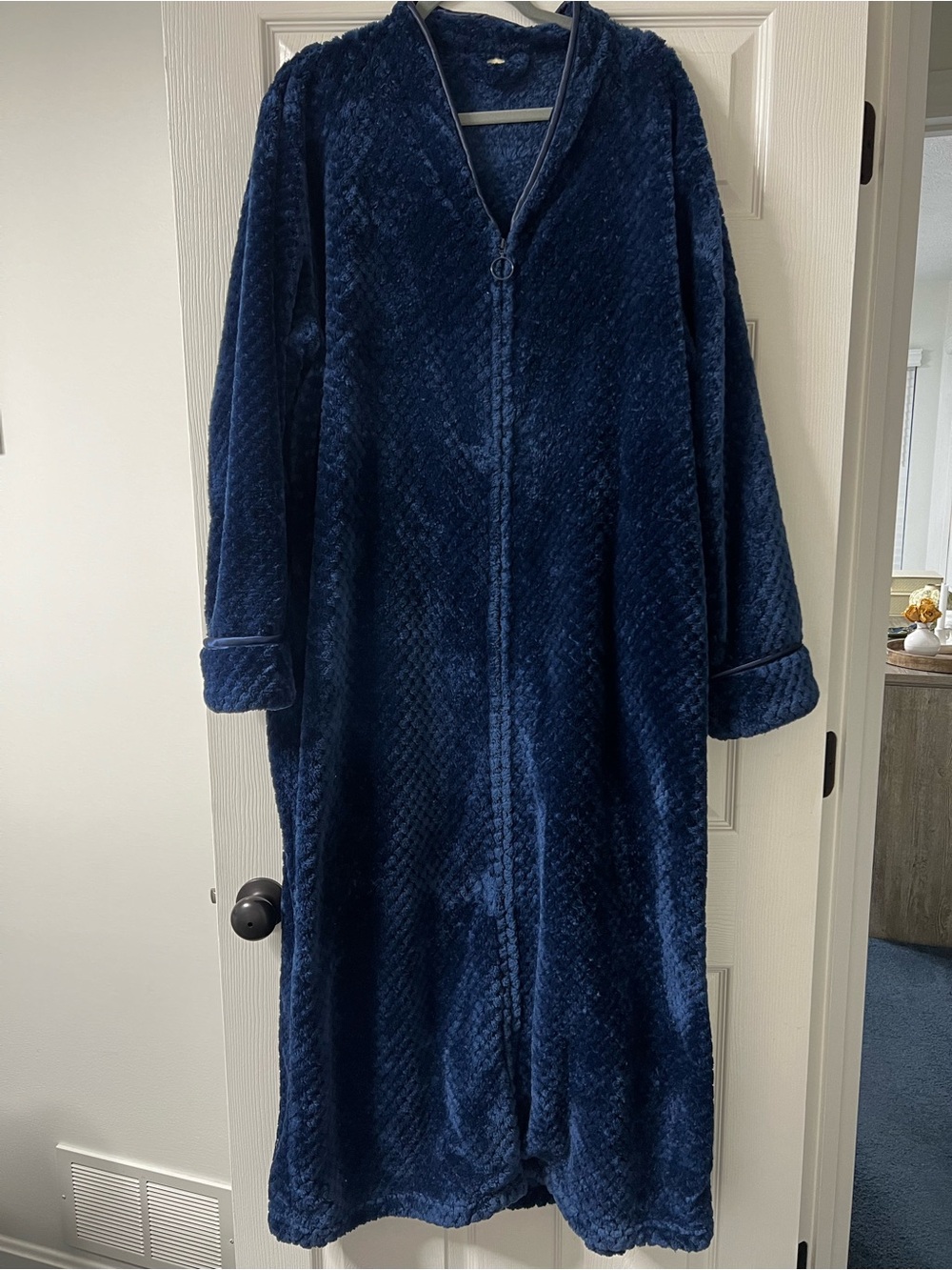 Plush Long Zip-Front Robe Coat in Navy Blue